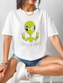 Cute-Alien-I-Come-In-Peace-Space-Rave-EDM-Music-Alien-T-Shirt - 白色 - 查看 3
