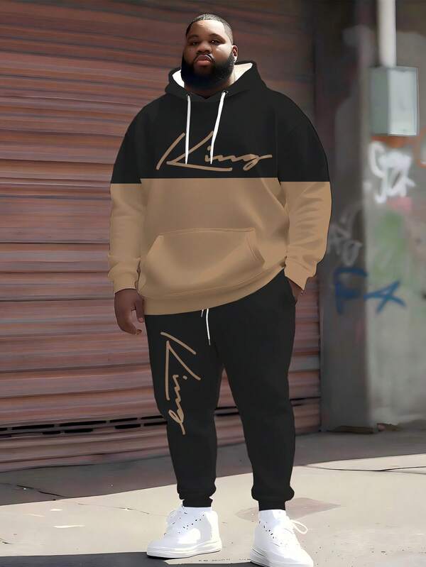 Men's 2 Pieces Set With KING Font And Black And White Contrast Tracksuit, Hoodie And Sweatpants Suit, Suitable For Sports/Outdoor/Running, Men's, Plus Size, Fall Clothes