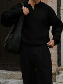 Men's Ribbed Knit Polo Neck Sweater, Casual Loose Fit Pullover, Suitable For Autumn And Winter - màu đen - Xem 5