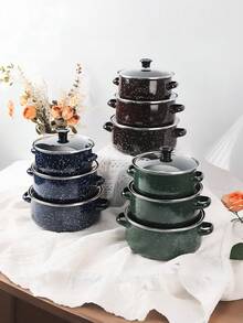 3pcs Multifunctional Enamel Pot Set, Thick Non-Stick Pot Set, Fashionable Multi-Color Enamel Pot Combination, 16cm/18cm/20cm Large Capacity, Comes With 2 Cleaning Sponges, Suitable For Gas Stove And Induction Cooktop, Ideal For Home Kitchen, Camping, Gathering