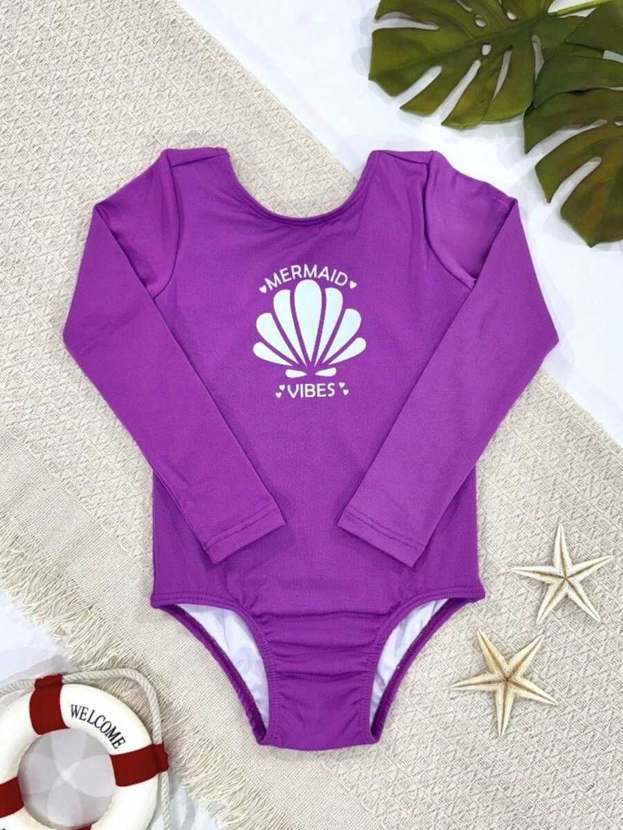 UV Sun Protection Swimsuit Long Sleeve Plain With Print Lined Girl Swimming Beach Kids - Màu tím - Xem 1