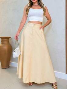 Women's Long Round Skirt Tailoring Evangelical Fashion Casual Basic Winter High Waist Elegant - 卡其色 - 查看 2