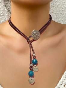 1 件优雅复古绳索分层圆盘吊坠项链，休闲日常/节日派对/旅行珠宝礼物 - 黑色 - 查看 7