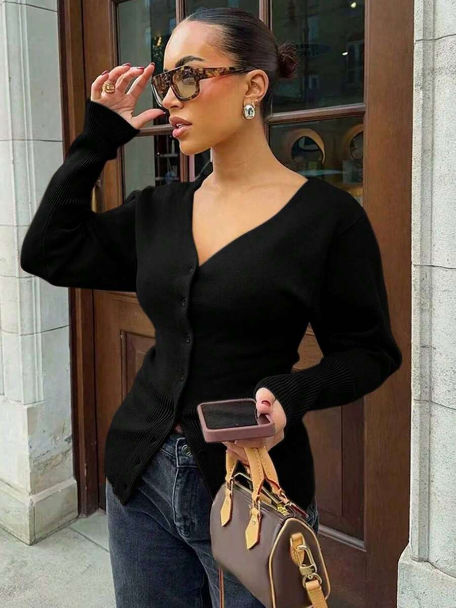 Women's V-Neck Long Sleeve Cardigan, Front Button Design, Regular Length, Medium Stretch Fabric, Fashion Versatile, Gentle Casual Style, Suitable For Daily Commute, Autumn Women Top - Black - View 1