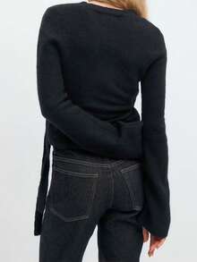 Women Tie Front Wrap Cardigan Solid V Neck Long Sleeve Crop Knit Sweater Casual Fall Clothes - 黑色 - 查看 6