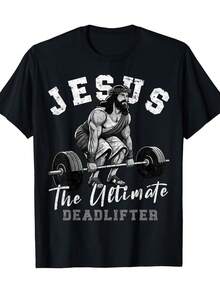 Camiseta gráfica de fitness cristiana para hombres - Diseño "Jesús, el último levantador de pesas", 95% poliéster 5% spandex, estiramiento medio 180gsm, camiseta de manga corta casual de cuello redondo para verano, camisetas de entrenamiento, estilo urbano, moda urbana, tejido duradero, diseño inspirado en el fitness, entusiastas del gimnasio - Negro - Ver 1