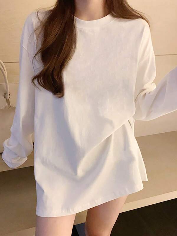 Petite Women Casual Round Neck Solid Color Versatile Simple Loose Cotton Long Sleeve T-Shirt Top