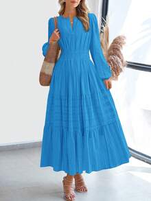Women Fall Maxi Dresses Long Sleeve High Waist Tiered Flowy A-Line Boho Bohemian Long Dress Beach Holiday Vacation Wedding Guest Valentine Outfit - 亮藍色 - 查看 1