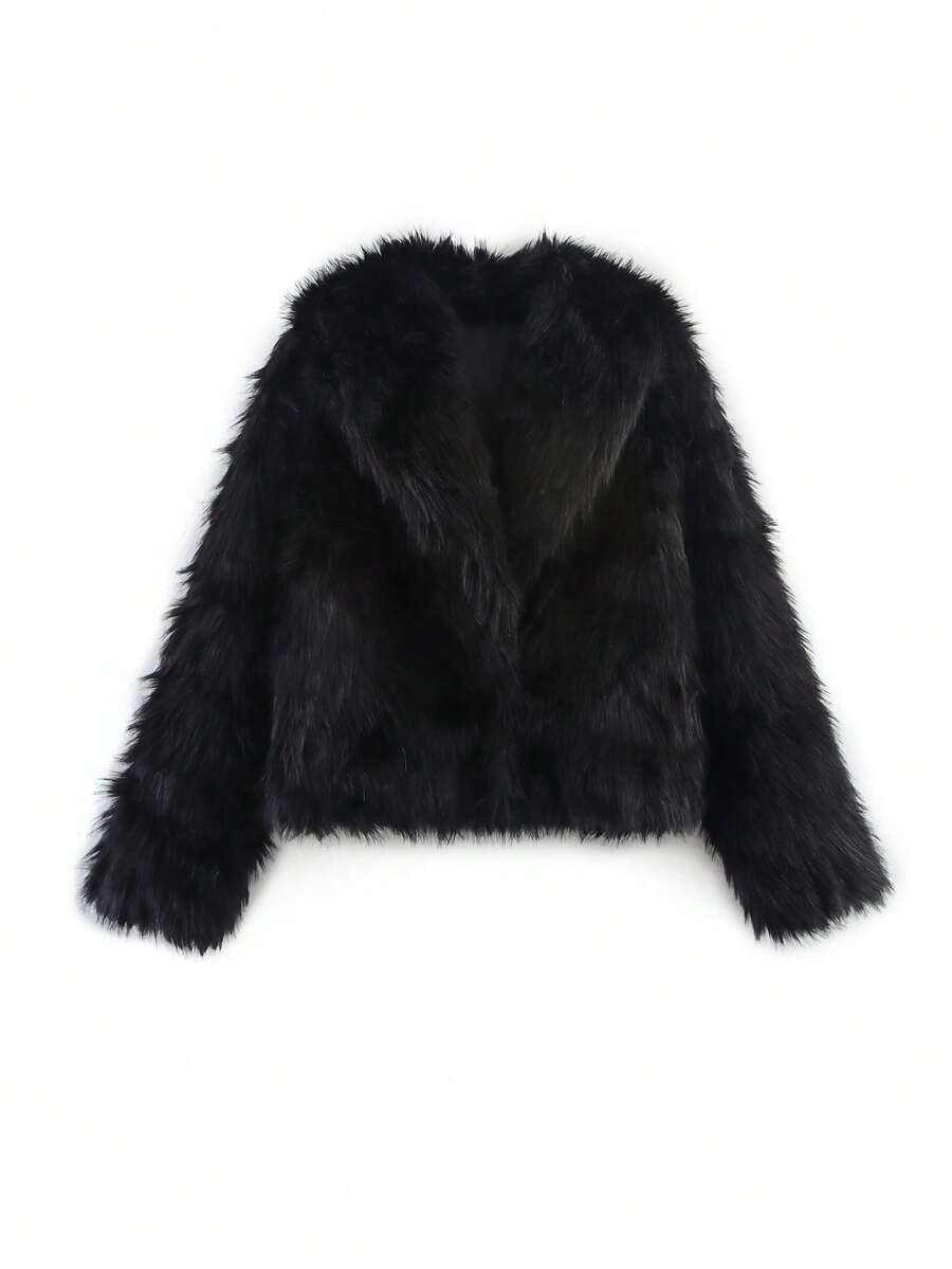 Women's Solid Color Faux Fur Jacket, Long Sleeve Warm Winter Coat, Fashion Lapel Loose Casual Jacket Black - 黑色 - 查看 1