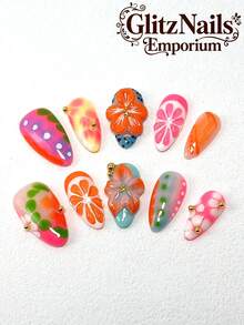 Bộ 10 mẫu móng tay nghệ thuật với móng tay hạnh nhân ép, nhuộm màu chuyển sắc thủ công và thiết kế chạm khắc ba chiều, phù hợp cho phụ nữ đeo với ba kích cỡ, phù hợp cho nhiều dịp khác nhau như tiệc tùng, khiêu vũ và đeo hàng ngày. - Nhiều màu - Xem 1