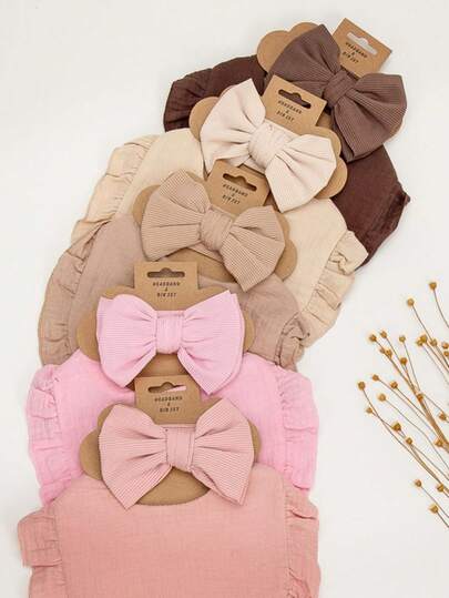 1pc Set Of Solid Color Ruffle Baby Bibs & Elastic Bow Headband, 2pcs