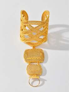 奢华开口 24k 金铜合金手链，带一体式戒指，适合非洲和非洲女性珠宝，适合假期、派对和聚会 - 菱格 - 查看 5