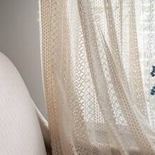 Boho Curtains Crochet Lace Semi-Sheer Bohemian Hollow Knitted Handmade Tassels, Rod Pocket Window Treatment Vintage Rustic Farmhouse Drapes For Living Bedroom, 1 Panel 59" W X 84" L, Beige - 米色鉤針編織 - 查看 3