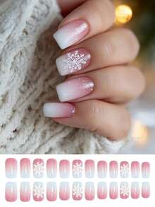24 Pieces Of Medium-Sized Christmas Nail Stickers With A Pink Gradient To White Snowflake Design These Are Summer Style Fake Nails Suitable For Daily Wear Nail Supplies Press-On Nails