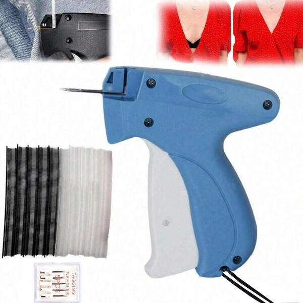 Pistola de puntadas para ropa - Pistola de etiquetas de puntadas manual para reparación rápida de ropa - Pistola de etiquetado - Kit de costura que incluye 6 agujas, 1000 sujetadores negros y 1000 sujetadores blancos (azul)