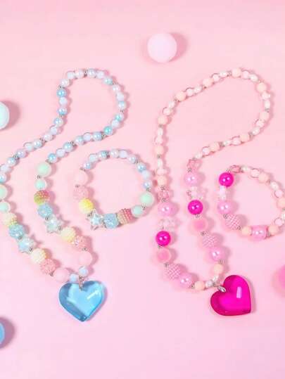 Set de 2 piezas de joyería para niñas con cuentas de corazón multicolor, collar + pulsera, accesorios para fiestas, regalo de joyería para la escuela/vacaciones
