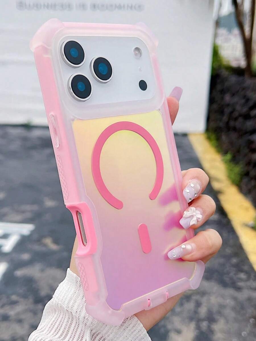 1pc Color Change Laser Dazzling Magnetic Case Compatible With IPhone 17 Air 16 15 14 13 Pro Max Plus Wireless Charge Shockproof Cover - Hồng - Xem 1