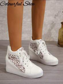 Tênis Casual com Cadarço Branco, Bico Redondo, Tecido de Tela e Salto Embutido, Tênis Feminino Confortável para Primavera e Outono - Branco - Visão 6