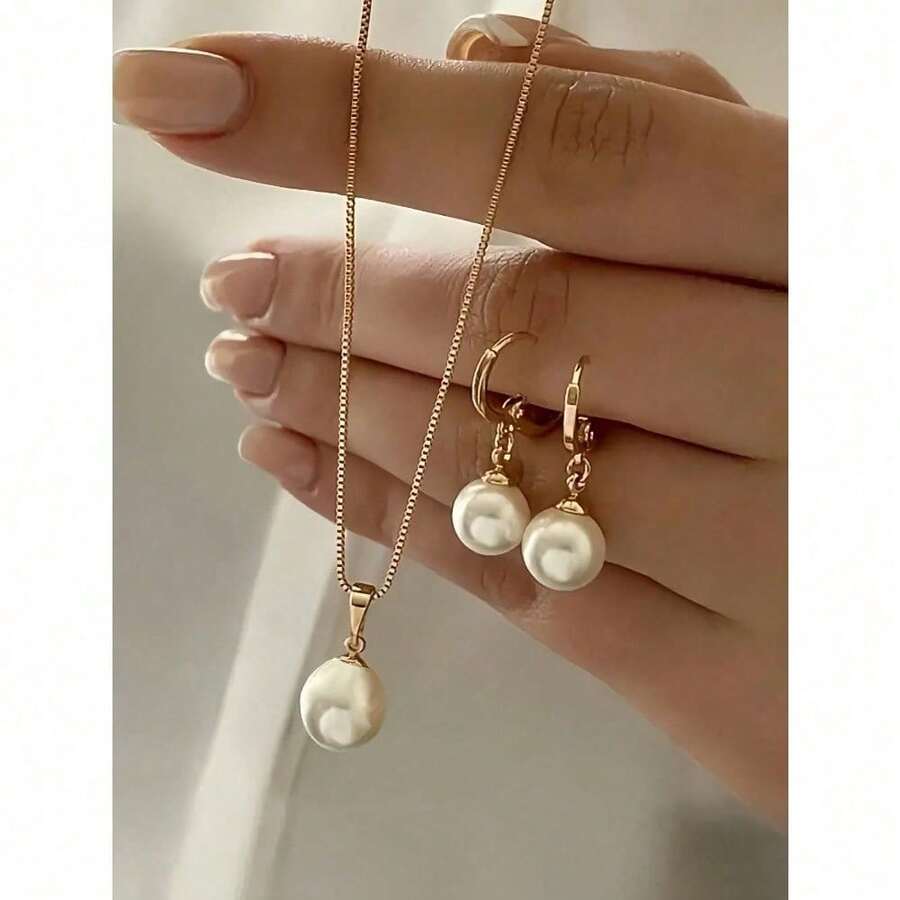 3pcs/Set Minimalist Pearl Necklace & Earrings Set, Suitable For Women's Daily, Festival And Party Wear