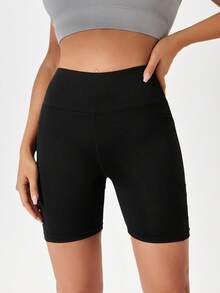 SHEIN Sports Mesh Insert Phone Pocket Sports Shorts Stretchy Shorts Biker Shorts Spandex Short - Black - View 3