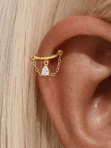 1pc S925 Sterling Silver Ear Cuff Earring, Hypoallergenic Ear Piercing Jewelry, Double Chain Design - Gold - View 4