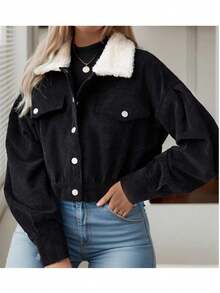 Veste courte élégante et décontractée pour femmes en velours côtelé avec patchwork, col en fausse fourrure, boutons devant, poches, manches longues. Top bomber polyvalent et décontracté, noir - Noir - Voir 3