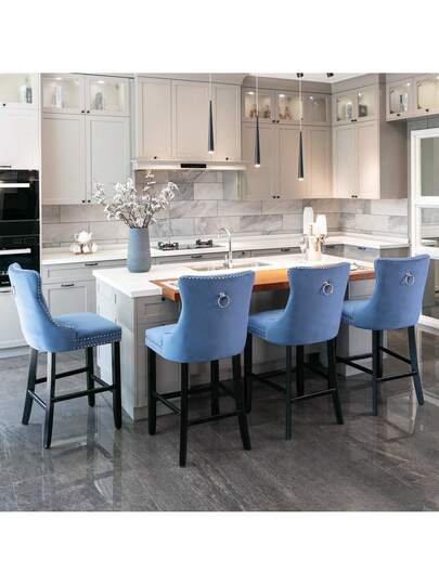 Sairedel Contemporary Fluwelen Upholstered Barstools Button Tufted ation Wooden Legs, Chrome Nailhead Leisure Bar Chairs,Bar Stools, Set Of view 2