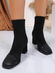Women's Fashion Ankle Boots, Classic Square Toe Patchwork Elastic Chelsea Boots, Chunky Heel High Heel Black Ankle Boots - Black - View 4