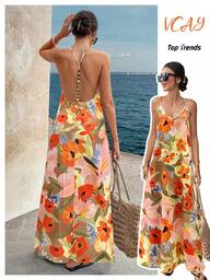 Standard Size Beaded Back Floral Print Slip Dress