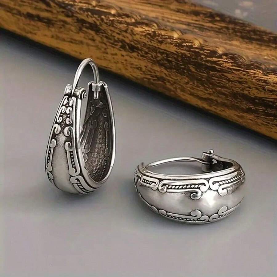 Retro Earrings Silver Color Round Earrings Bohemian Metal Carving Pattern Hoop Earrings For Women Jewelry Women's Earrings Jewelry Birthday Anniversary Gift For Lovers And Friends Valentine's Day Earrings Gift - 銀色 - 查看 1