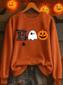女式秋冬南瓜蜘蛛和幽灵图案长袖圆领运动衫，休闲宽松百搭风格橙色上衣，时尚女装，适合日常穿着 - 橘色 - 查看 7