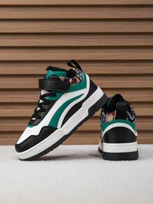 1 Pair Women's Casual High-Top Sneakers, Comfortable & Soft Student Skate Shoes, Stylish Design For Teenagers, Suitable For All Seasons, 2025 New Daily Commute Shoes, Fashion Street Style Women Outdoor Sports Shoes - Black Silk Forest Green - View 3