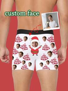 1pc Customized Men's Briefs - Personalized Face & Santa Claus "Merry Christmas" Design, Customized Men's Underwear | Top Birthday/Anniversary Gift, Ideal Boyfriend Gift, Customizable Men's Underwear, Men's Gift, Christmas Gift, Adult Christmas Stocking Stuffer, Thanksgiving, Thoughtful Versatile Gift For Boyfriend - Multicolor - View 2