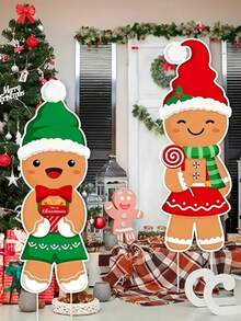 2个姜饼人，圣诞节户外装饰，可爱姜饼草坪装饰，冬季姜饼花园，新年装饰 - 彩色 - 查看 4