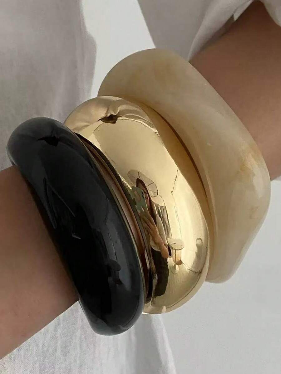 1pc/3pcs Set Vintage Exaggerated Bohemian Thick Wide Acrylic Bangle Bracelet, Stainless Steel Gold Jewelry, Luxurious Casual Party Women Couples Wedding Holiday Fashion Versatile Stainless Steel Bracelet Jewelry Gift (Bracelet Material And Color Subject To Actual Item)