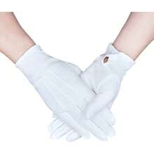 White Cotton Formal Tuxedo Costume Guard Gloves With Snap Cuff, Coin Jewelry Inspection Gloves