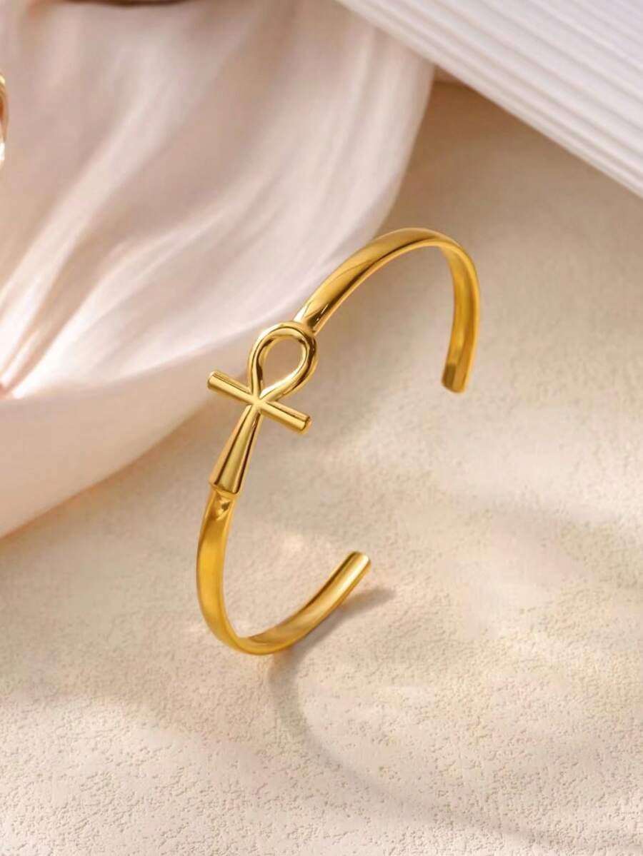 1 Peça Bracelete de Pulso Vintage Ankh Cross para Mulheres e Homens, Banhado a Ouro 18K em Aço Inoxidável, Bracelete Cruzado, Joia de Religião Egípcia