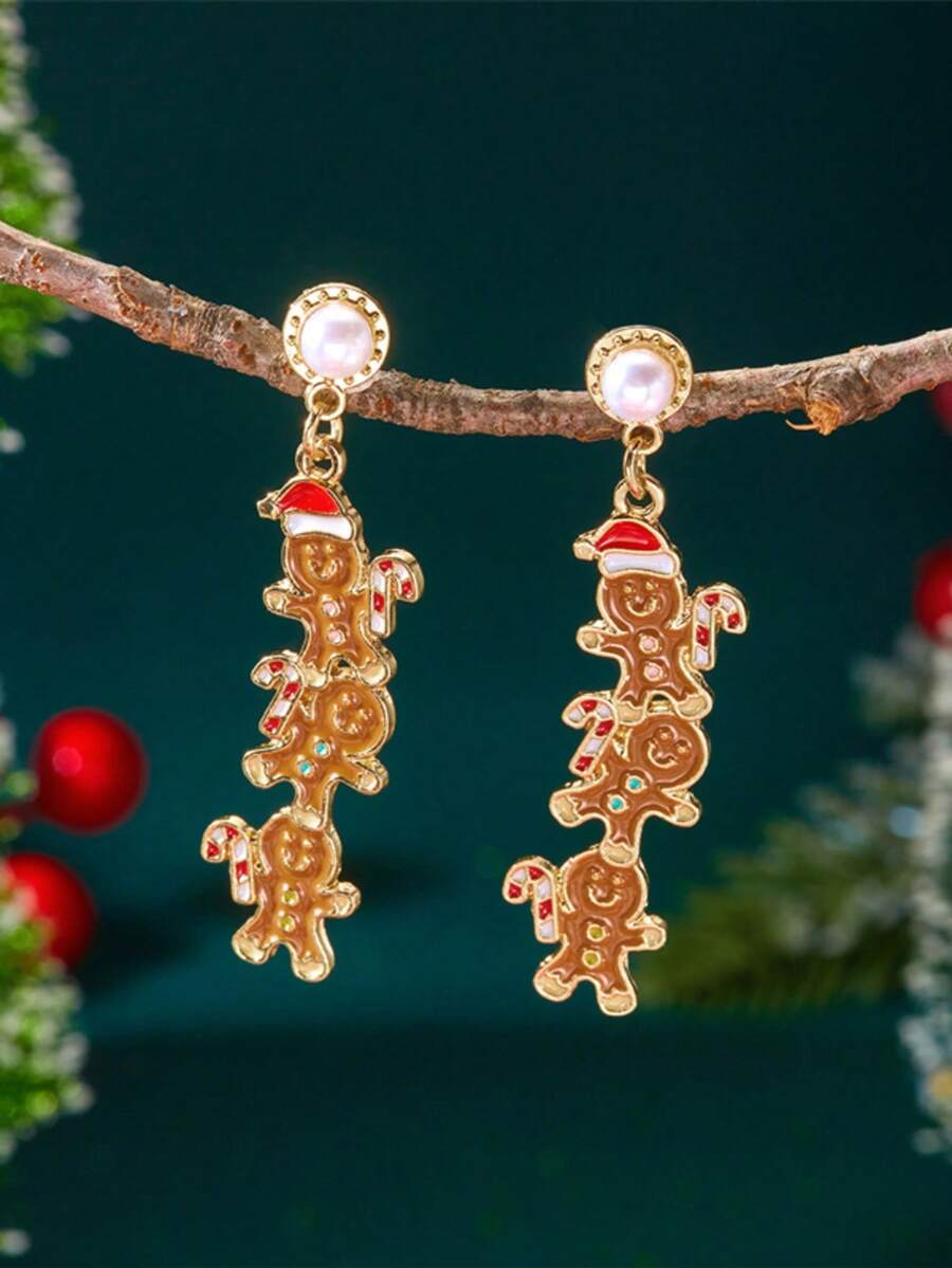 2 buc cercei drăguți cu desene animate, stivuite, cu omuleț de turtă dulce, potriviți pentru femei, ținute de petrecere de Crăciun și cadouri
