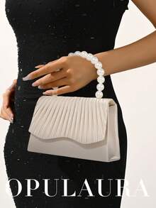 OpulAura 女士优雅仿珍珠缎面手提包，浪漫婚礼钱包，精致迷人的晚礼服配饰包，褶皱设计精致手拿包，适合晚会、舞会、生日派对、节日礼物等正式场合 - 杏色 - 查看 8