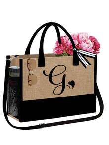 两件套女士沙滩手提包，配有可拆卸肩带，可定制A-Z字母，超大容量。肩带可根据个人喜好拆卸，包含化妆包和拉链小袋，可存放洗漱用品、零钱或文具。 - 彩色 - 查看 33