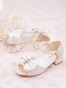 Girls' Crystal High Heel Sandals With Bow, Princess Shoes, White