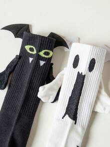 2/1 双万圣节和新年礼物袜，适合男孩和女孩的卡通动画袜子，万圣节中筒袜，带有磁性手持设计，天使翅膀袜子，适合作为礼物 - 彩色 - 查看 2