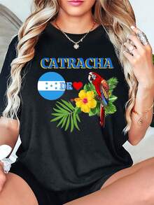 T-shirt décontracté pour femmes avec motif floral et perroquet - col rond, manches courtes, Top pour le printemps et l'été - Noir - Voir 6