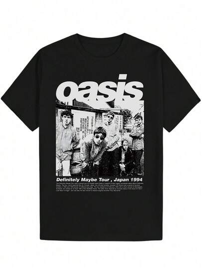Camiseta Gráfica Vintage para Hombre - Camiseta Negra con Texto Oasis en Negrita - Camisa de Poliéster Ligera para Conciertos, Festivales de Música y Uso Casual Diario - Diseño Retro de Banda de Rock de los 90 - Top Transpirable de Verano, Camisetas de Banda de Rock, Atuendo de Concierto, Ropa de Festival, Cuello Redondo, Impresión Duradera, Moda Streetwear, Impresión de Alta Calidad, Asistentes a Festivales