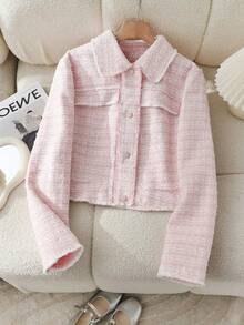 女士优雅通勤粗花呢夹克，带花卉图案和前扣，秋冬 - 粉色 - 查看 1