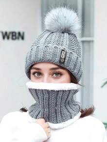 Set de 2 piezas de gorro de boina de invierno para mujer y bufanda con forro polar y pompón - Transpirable, elástico, cierre con cremallera, lavar a mano, ideal para Navidad y otoño