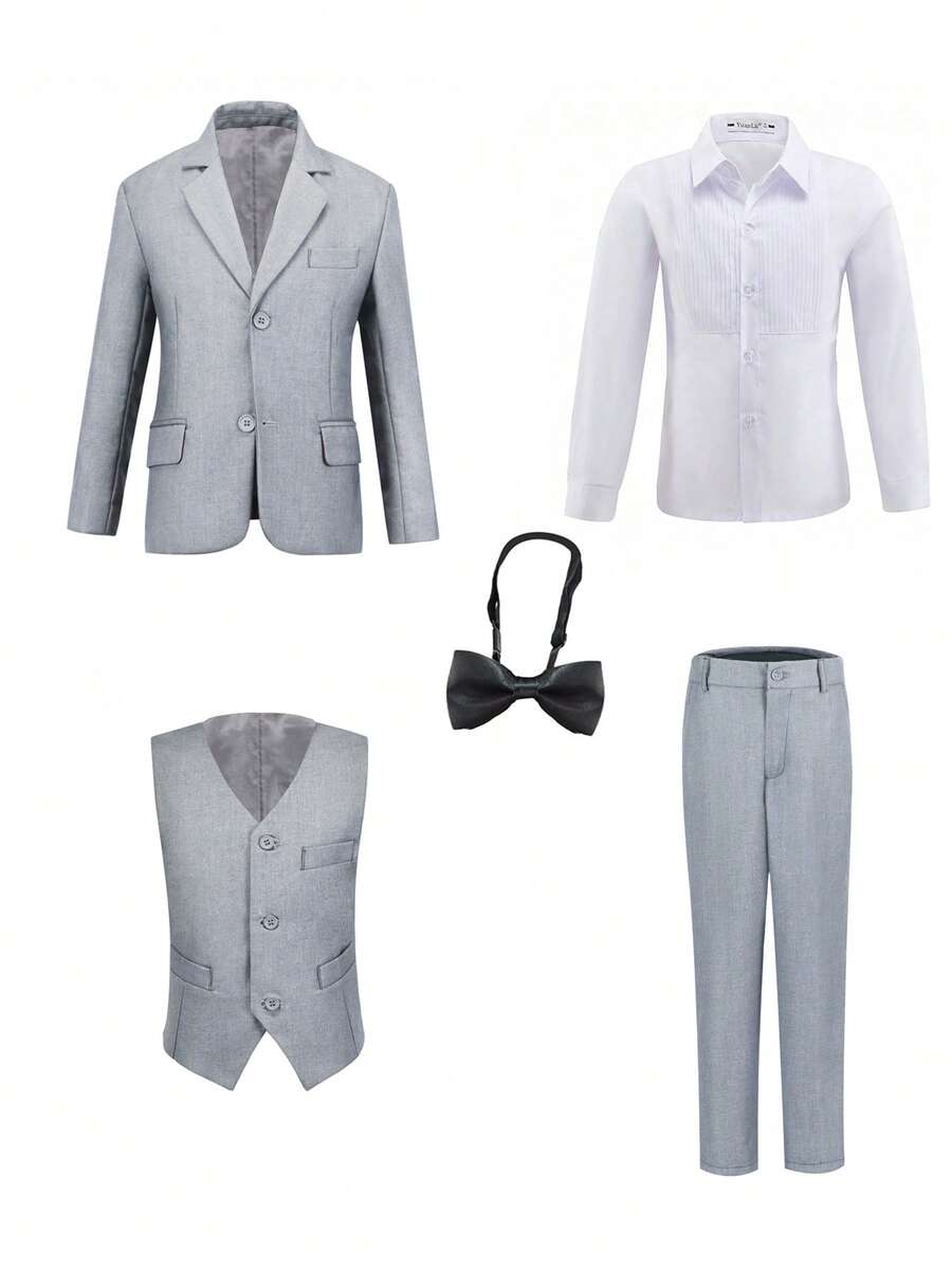5件套男童正装套装,幼儿燕尾服,婚礼花童礼服,外套,马甲,裤子,衬衫,领带,正式西装,适合儿童生日、婚礼、毕业典礼、婚礼宾客、花童等场合,浅灰色,尺码6-16岁 - 淺灰色 - 查看 1