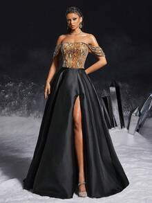 VIPGIRL Váy dạ hội trễ vai họa tiết da rắn có thân áo đính đá và xẻ tà cao, dự tiệc sang trọng, váy dạ hội cho nữ, váy dạ hội trang trọng - màu đen - Xem 3