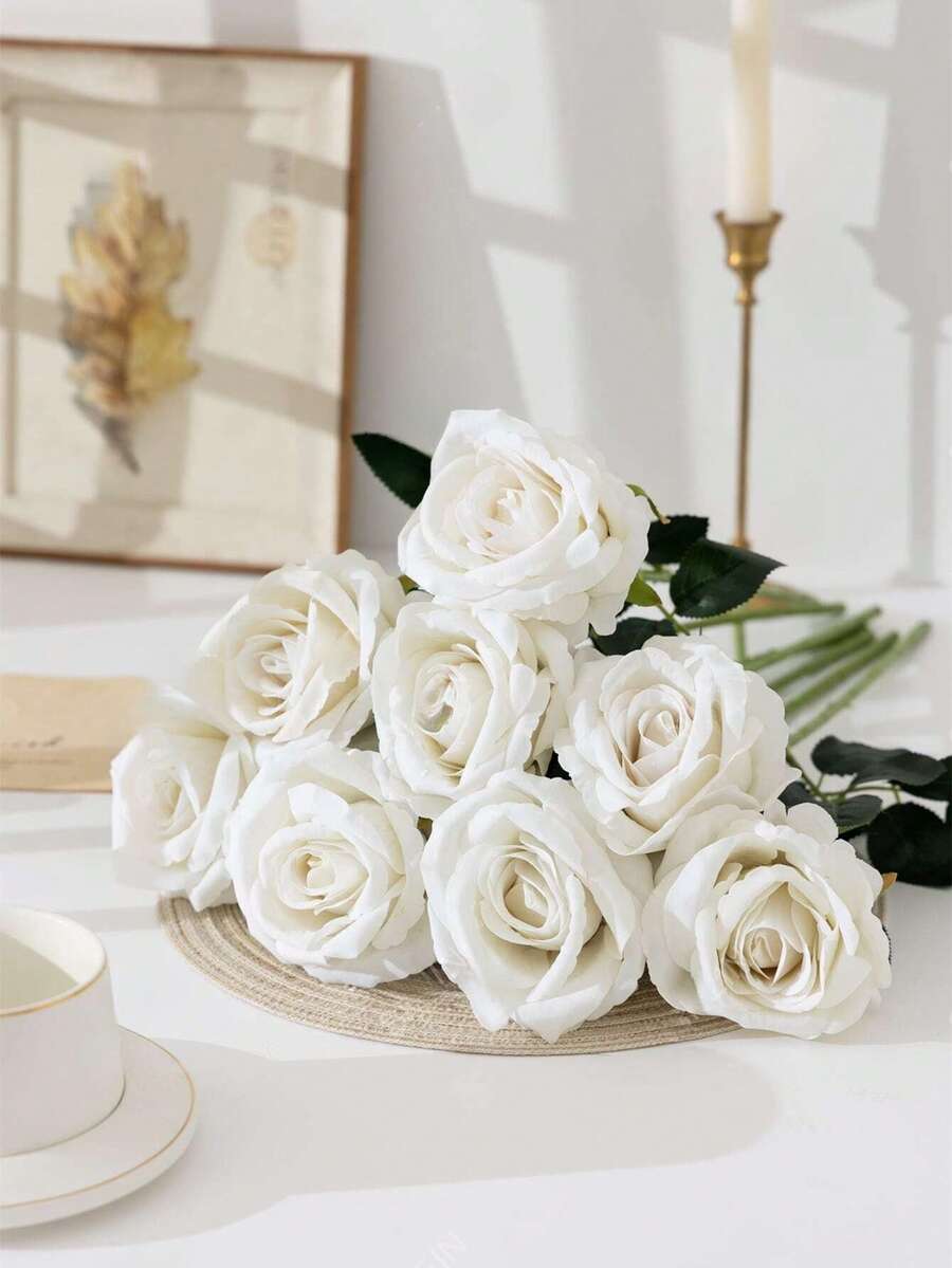 3pcs/5pcs/7pcs White Rose Artificial Bridal Bouquet Realistic Velvet Faux Flower Flower Arrangement Decoration Fake Rose Artificial Rose For Valentine's Day Gifts Wedding Party Home Decoration, Birthday Gifts Outdoor Indoor Decor, Vase Floral Decor (Purchase Instructions: May Contain Odor, Please Place In Window For Ventilation For 1-2 Days)