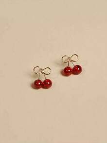 1pair Cherry/Wine Red Cute Fresh Fruit Design Small Stud Earrings For Women, Suitable For Daily, Casual & Business Occasions - Vàng - Xem 1